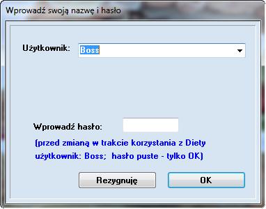 Po poprawnym podaniu tych informacji udostępniane są czynności proramu, do których użytkownik ma uprawnienia.