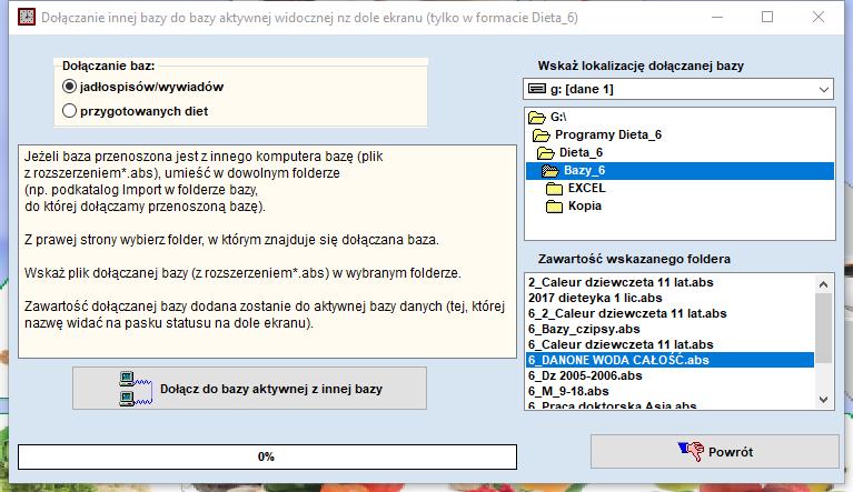 Import diet z Diety 5.0/5.D - wskazujemy plik z bazą diet z proramu Dieta 5.0/5.D po prawej stronie.