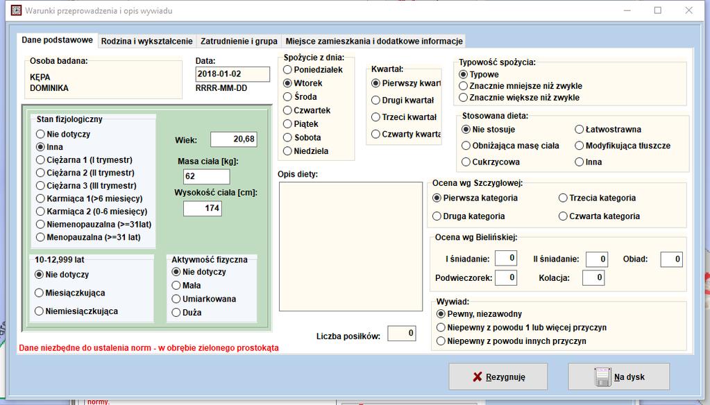 Na zielonym tle są informacje, bez których niemożliwe będzie ustalenie norm spożycia składników właściwych osobie, której dotyczy wprowadzany wywiad/jadłospis.
