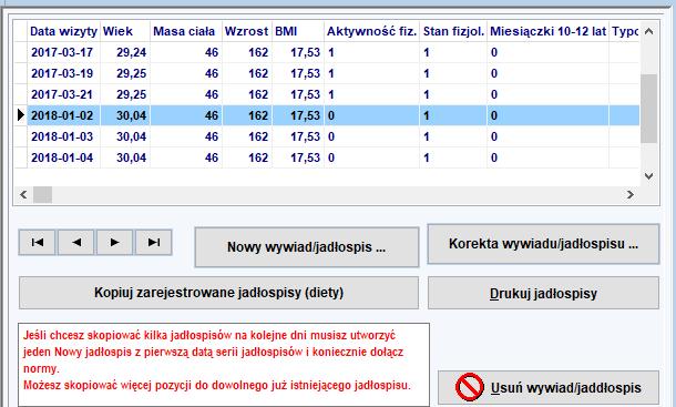 w kalendarzu wybraną datę, podświetlamy panią Rzymowską i tworzymy nowy jadłospis z dołączonymi poprawnie normami