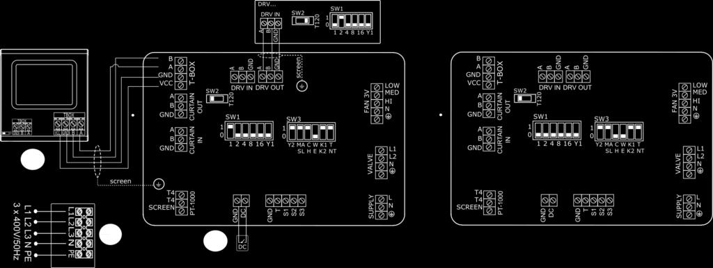 4.3.4. REGULATION T-box - ELIS DUO-E WIRING DIAGRAMS 4.3.4. REGULACJA T-box - SCHEMATY PODŁĄCZENIA ELIS DUO-E 4.3.4. REGELING T-box - ELIS DUO-E ELEKTRISCHE SCHEMA'S 4.3.4. УПРАВЛЕНИЕ T-box СХЕМЫ ПОДКЛЮЧЕНИЯ ELIS DUO-E AIR CURTAIN PLATE FAN HEATER PLATE Power supply 3x400V/50Hz ELiS DUO-E-100 (min.