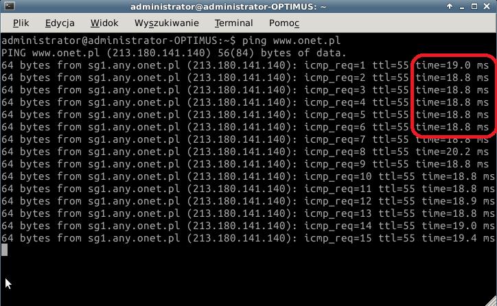 Następnie w oknie terminala wpisać polecenie ping www.onet.