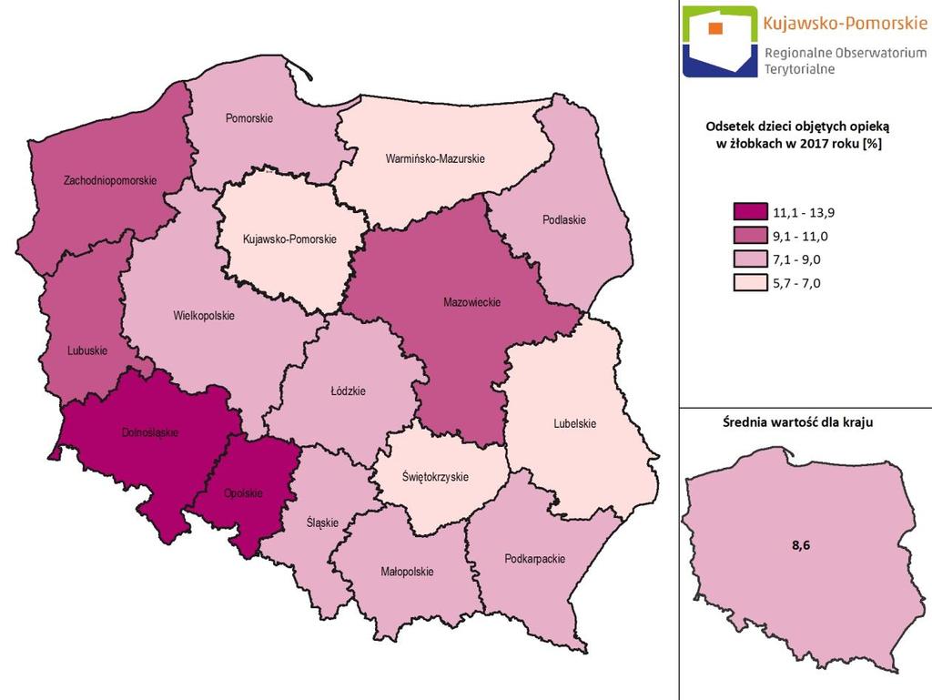 Ryc. 9. Odsetek do 3 lat objętych opieką w żłobkach w 2017 r.