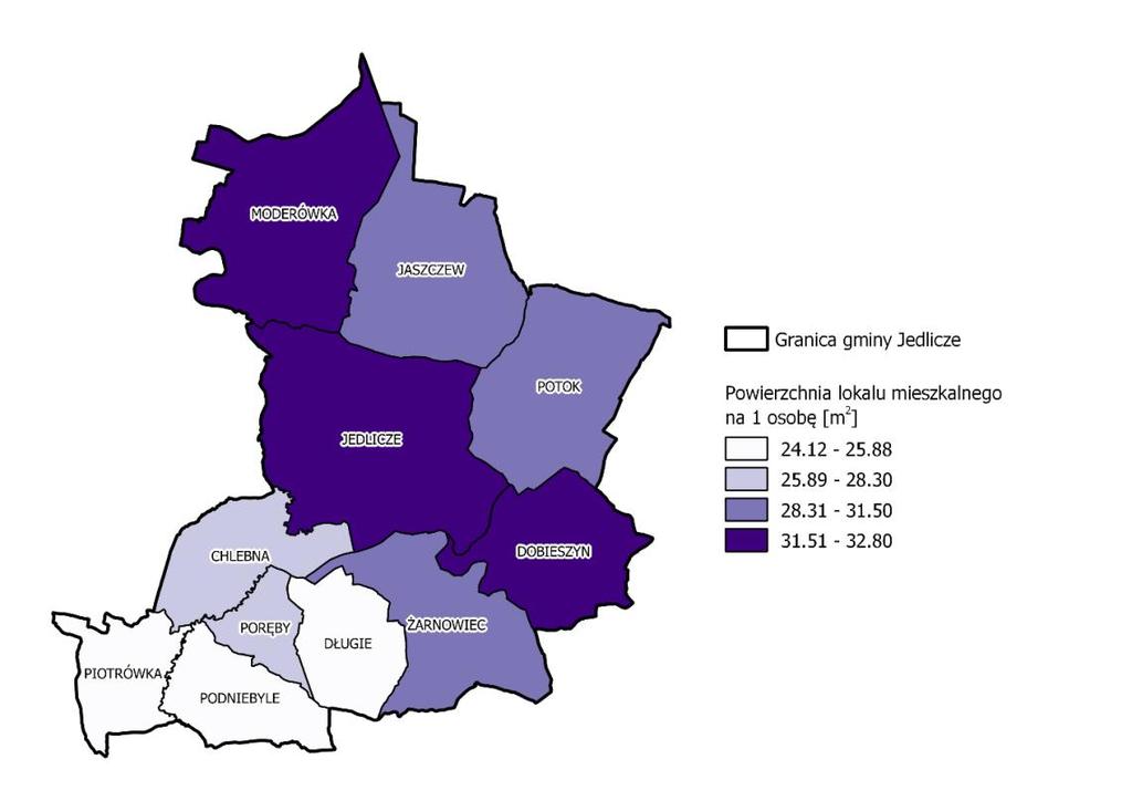 Rysunek 6. Powierzchnia lokalu mieszkalnego na 1 mieszkańca stan na 2016 r. Źródło: Opracowanie własne na podst. danych Urzędu Gminy Jedlicze W gminie Jedlicze znajdowało się w 2016 r.