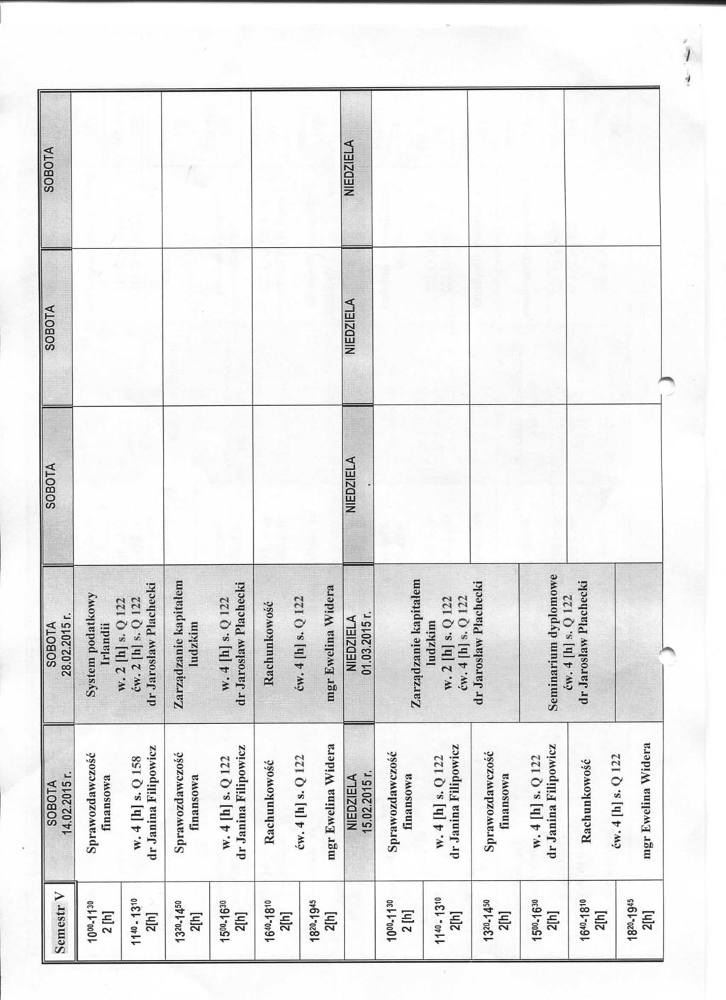 Semestr V =14.02.2015 r. 28.02.2015 r. n-io. 13^0 Sp rawozd awczosc w. 4 [h] s. Q 158 dr Janina Filipowicz System podatkowy w. 2 [h] s.q 122 cw. 2 [h] S.Q 122 ' > v', \.