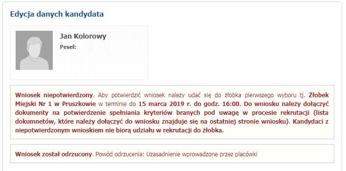 Jeśli żłobek potwierdzi wniosek w systemie, wniosek uzyska status Potwierdzony.