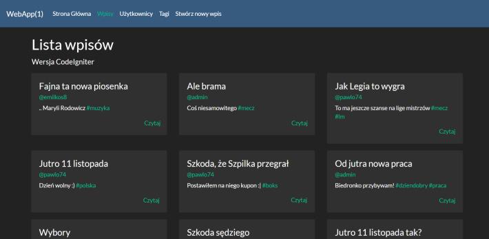 Rys. 2. Widok prezentujący listę wszystkich wpisów 4. Analiza porównawcza Najważniejsze cechy Laravel i CodeIgniter zostały zaprezentowane w tabeli 1. Tabela 1.