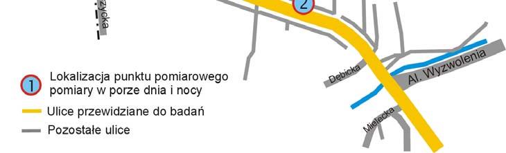 Mapa 5. Planowana lokalizacja punktów pomiarowych monitoringu hałasu drogowego w Rzeszowie przy ul. Krakowskiej 6.