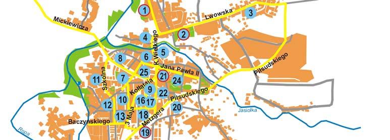 Mapa 7. Planowana lokalizacja punktów pomiarowych monitoringu hałasu drogowego w Jaśle Tabela 6.