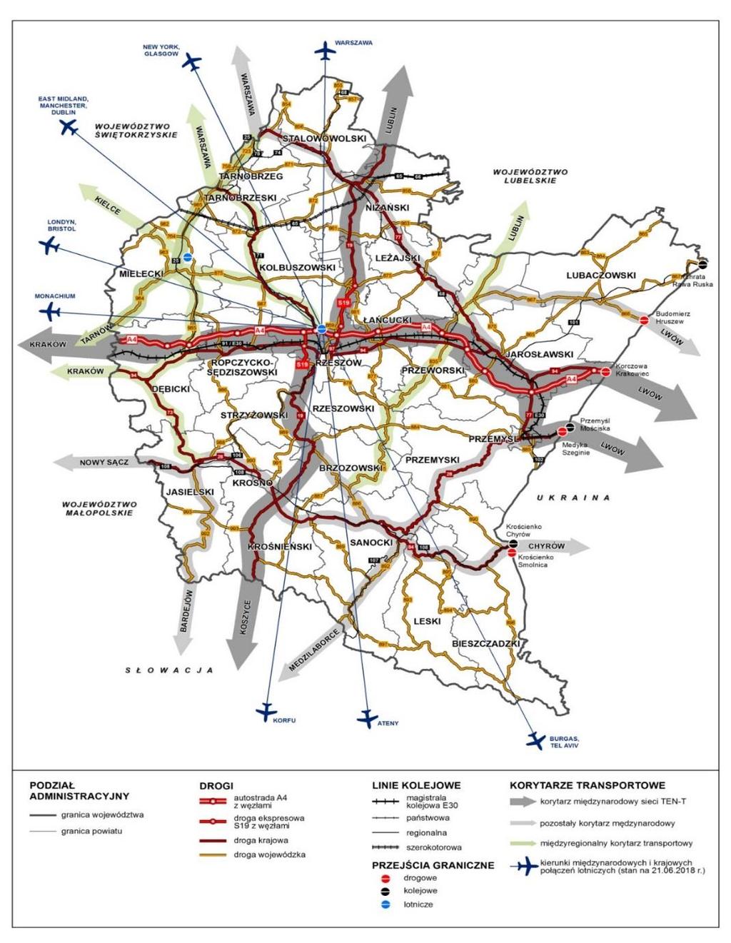 INFRASTRUKTURA TECHNICZNA Zewnętrzna dostępność komunikacyjna województwa podkarpackiego Mankamentem sieci drogowej w województwie podkarpackim jest zbyt niskie nasycenie obszaru województwa siecią