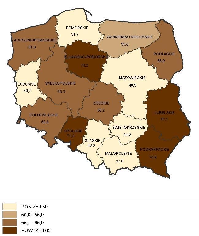 INFRASTRUKTURA TECHNICZNA Gospodarstwa domowe posiadające komputer osobisty z szerokopasmowym dostępem do Internetu według województw