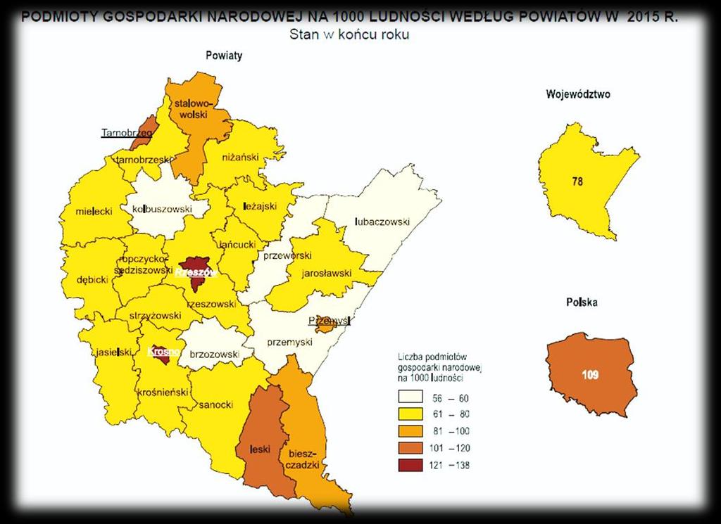 Podmioty gospodarki narodowej na 1000 ludności wg powiatów w 2015 r.