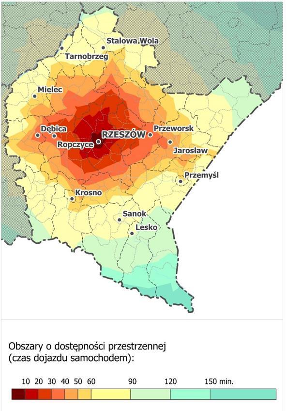 niska dostępność komunikacyjna do stolicy województwa zwłaszcza z południowo wschodniej części województwa, wysoki udział osób dojeżdżających do pracy (ponad 43%) wzrastający