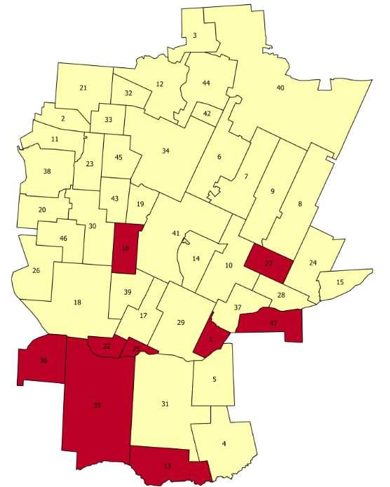 Mapa 12. Koncentracja negatywnych zjawisk w sferze gospodarczej w poszczególnych jednostkach referencyjnych na terenie Gminy Zabłudów 1. Aleksicze 2. Białostoczek 3. Bobrowa 4. Ciełuszki 5.