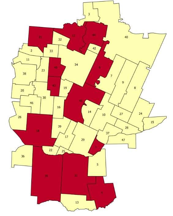 Mapa 16. Koncentracja negatywnych zjawisk w sferze społecznej w poszczególnych jednostkach referencyjnych na terenie Gminy Zabłudów 1. Aleksicze 2. Białostoczek 3. Bobrowa 4. Ciełuszki 5.