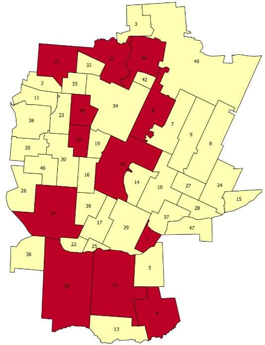 Mapa 18. Koncentracja negatywnych zjawisk w sferze przestrzenno-funkcjonalnej w poszczególnych jednostkach referencyjnych na terenie Gminy Zabłudów 1. Aleksicze 2. Białostoczek 3. Bobrowa 4.