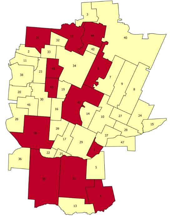 Mapa 21. Koncentracja negatywnych zjawisk w poszczególnych jednostkach referencyjnych na terenie Gminy Zabłudów 1. Aleksicze 2. Białostoczek 3. Bobrowa 4. Ciełuszki 5. Dawidowicze 6. Dobrzyniówka 7.