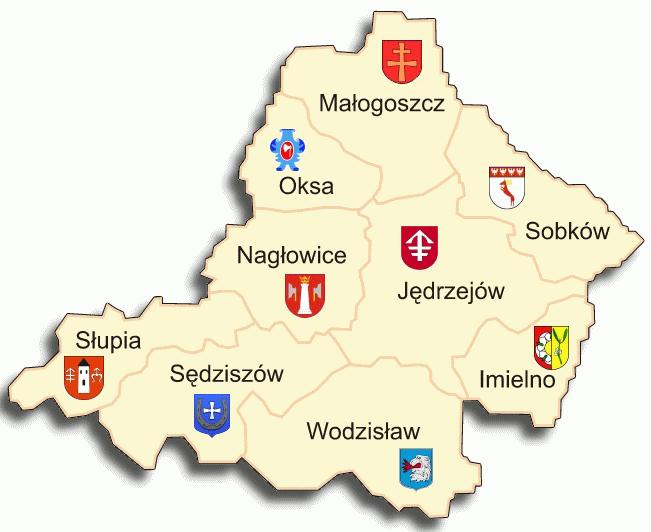 Rysunek 2. Położenie gminy Sobków na tle powiatu jędrzejowskiego. (Źródło: PUP Jędrzejów) W skład gminy wchodzi 25 sołectw.