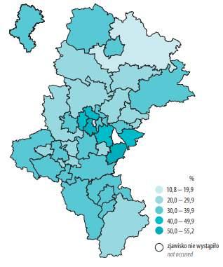 Noclegi udzielone w turystycznych obiektach noclegowych w województwie śląskim Korzystający z noclegów w turystycznych w obiektach noclegowych na 1 km2 wg powiatów w 217 r. 217 W 217 r.