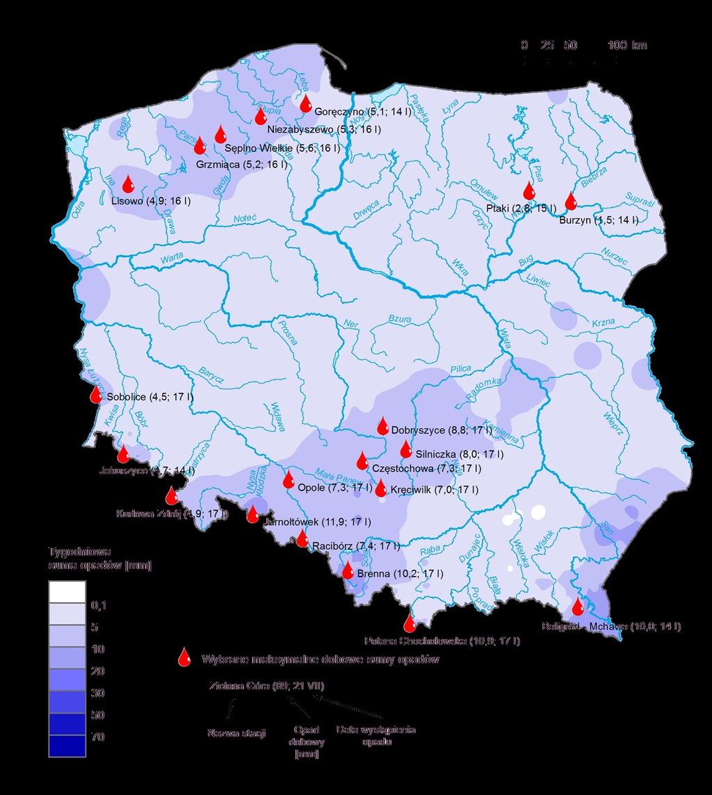 3. Rozkład tygodniowej sumy opadów oraz wybrane maksymalne