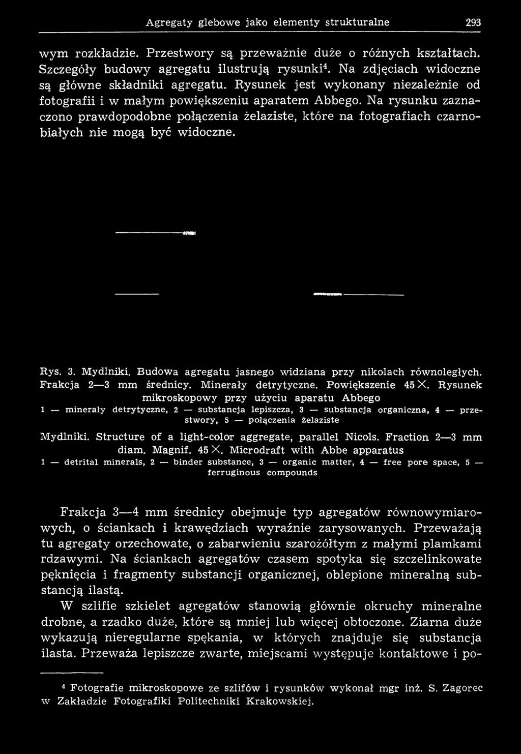 Na rysunku zaznaczono prawdopodobne połączenia żelaziste, które na fotografiach czarnobiałych nie mogą być widoczne. Rys. 3. M ydlniki. Budow a agregatu jasnego w idziana przy nikolach równoległych.