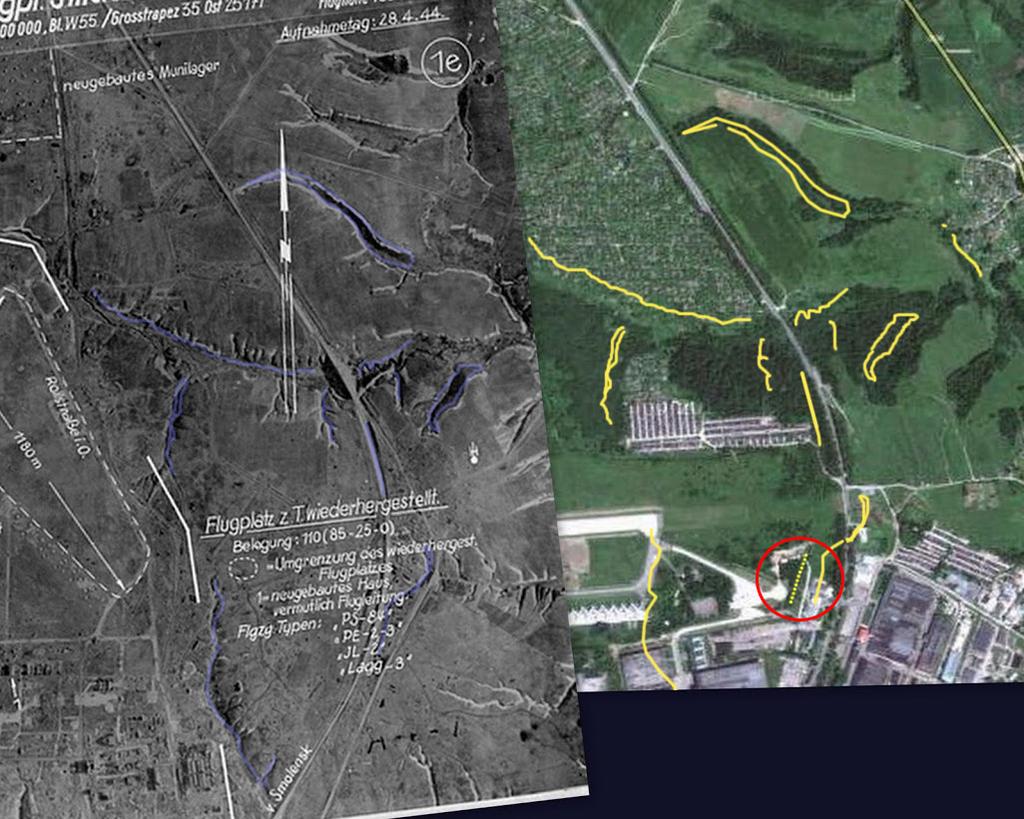 Porównanie mapy współczesnej ze starą mapą Luftwaffe da nam obraz nierówności terenu zagłębień i wąwozów. Teren przy komisie zaznaczony czerwonym kółkiem.