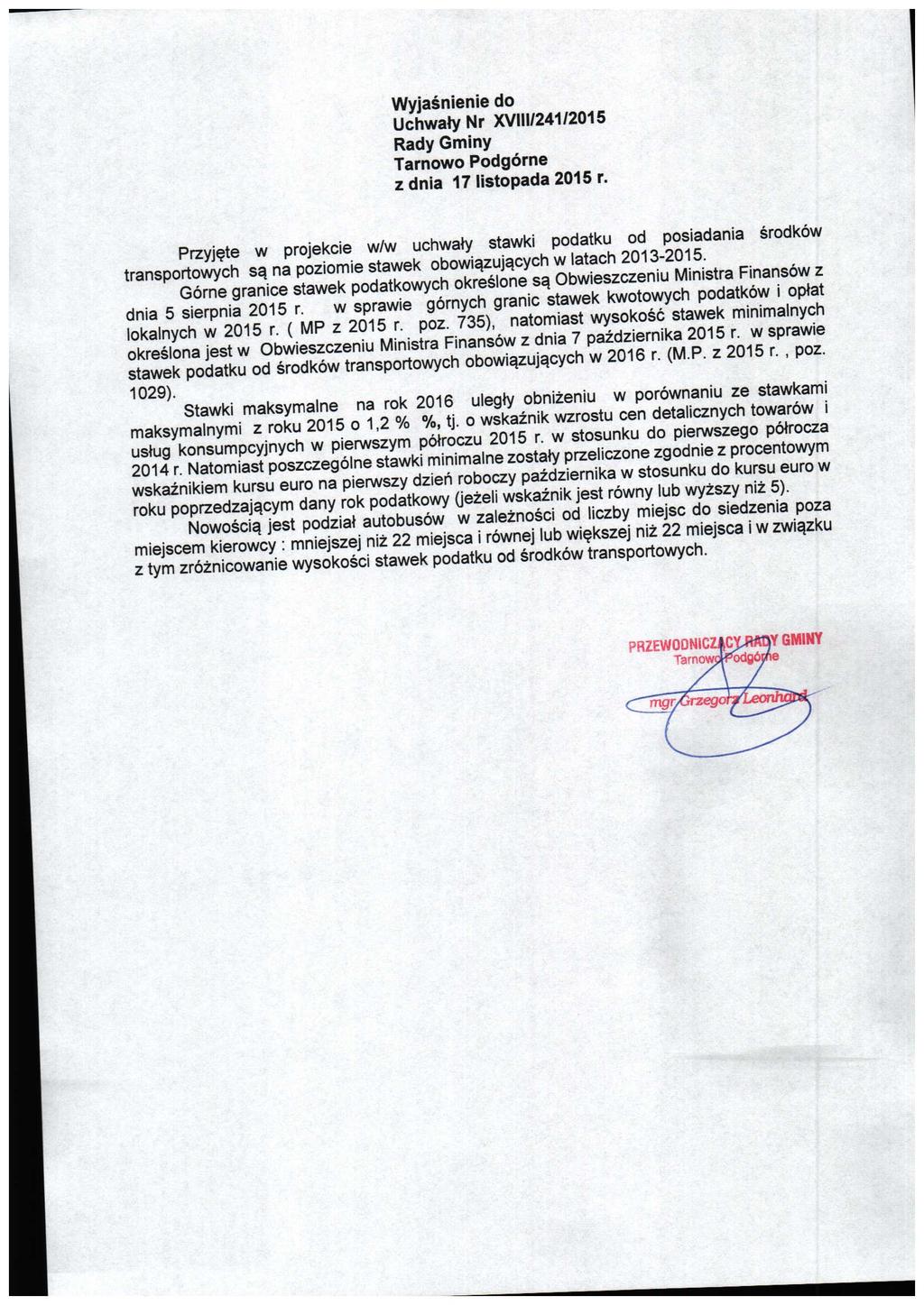 Wyjasnienie do Uchwaty Nr XVIII/241/2015 Rady Gminy Tarnowo Podgorne zdnia 17 listopada 2015 r.