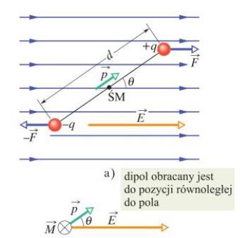 działają w przeciwnych kierunkach na końce dipola i wytwarzają wypadkowy moment siły względem ŚM: M = Ԧp E który dąży do