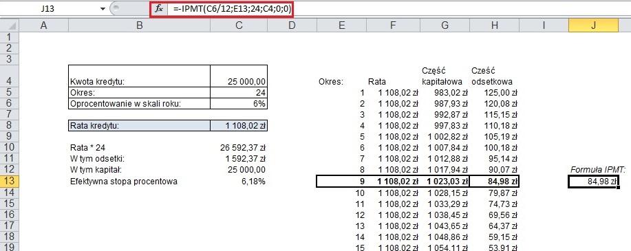 Ile odsetek jest w jednej racie? Funkcja IPMT oblicza ile w danej płatności jest odsetek. Argumentami dla niej są: stopa procentowa (na wzór dotychczasowych - tj.