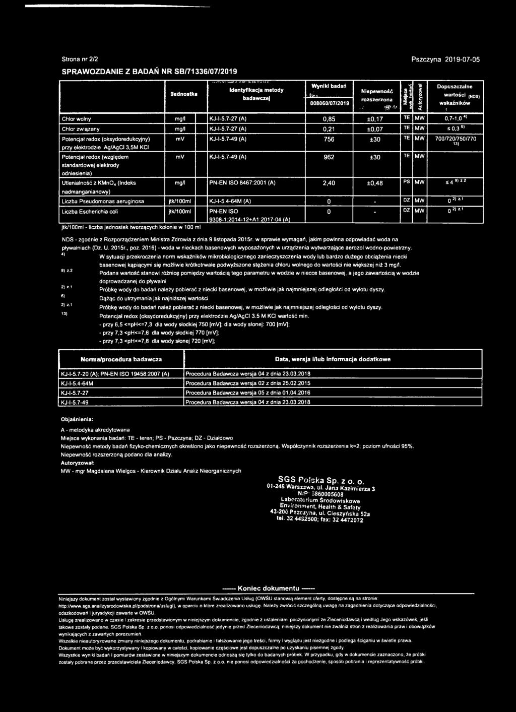 Strona nr 2/2 SPRAWOZDANIE Z BADAŃ NR SB/71336/07/2019 Pszczyna 2019-07-05 Jednostka... Identyfikacja metody badawczej Wyniki badań. -M * ---------- -------- 008060/07/2019.