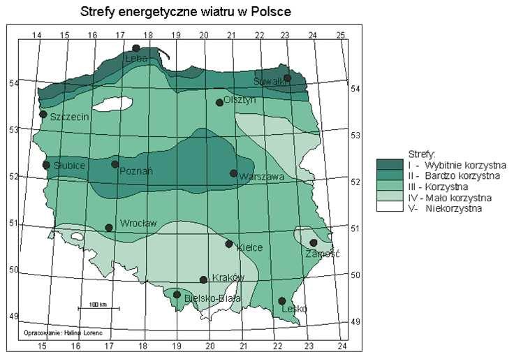 Rys. 3. Strefy energetyczne wiatru w Polsce.