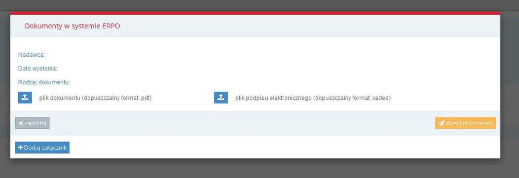 W momencie kliknięcia przycisku utwórz dokument pojawi się okno umożliwiające wysłanie wniosku wraz z załącznikami.