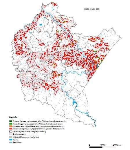 Mapa województwa podkarpackiego z naniesionymi obszarami potencjalnego wystąpienia ryzyk konfliktów społeczno-środowiskowych. Rysunek 24.