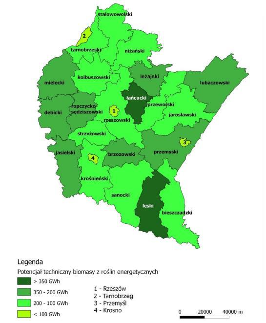 Rysunek 32. Potencjał techniczny upraw z roślin energetycznych w województwie podkarpackim.