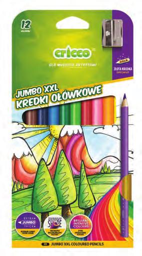 dedykowany dla młodszych dzieci trójkątny, ergonomiczny kształt gruby przekrój ułatwiający trzymanie kredki drewniana lakierowana obudowa 12 intensywnych, jasnych kolorów temperówka, złota i beżowa