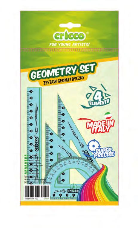 Zestaw geometryczny flexi z linijką 20cm Flexi geometric set with ruler 20cm CR620 elastyczny, wyginający się materiał odporny na złamania cztery elementy składowe: linijka 20cm, ekierka 60, ekierka