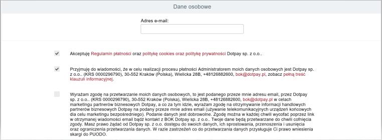 Złożenie dyspozycji płatności Po wybraniu systemu bankowego, uzupełnij Dane osobowe wymagane