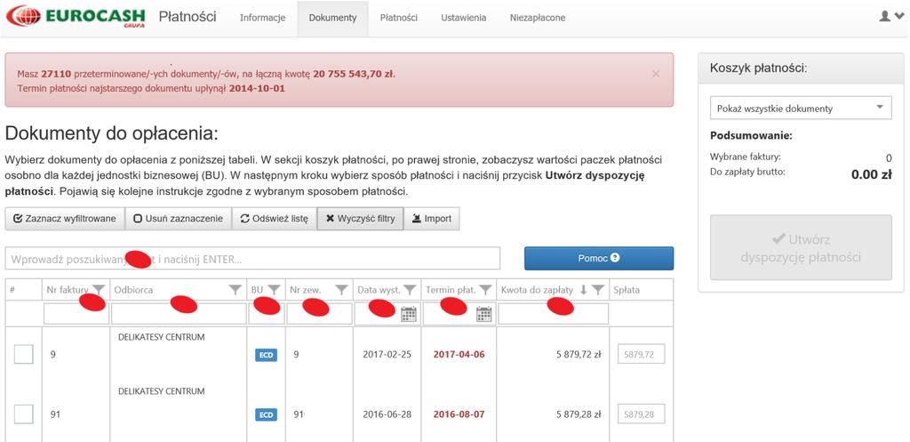 Złożenie dyspozycji płatności W zakładce Dokumenty wybierz dokumenty do opłacenia bądź potrącenia, możesz skorzystać z wyszukiwarki bądź dostępnych filtrów (zaznaczono je czerwoną kropką poniżej ).