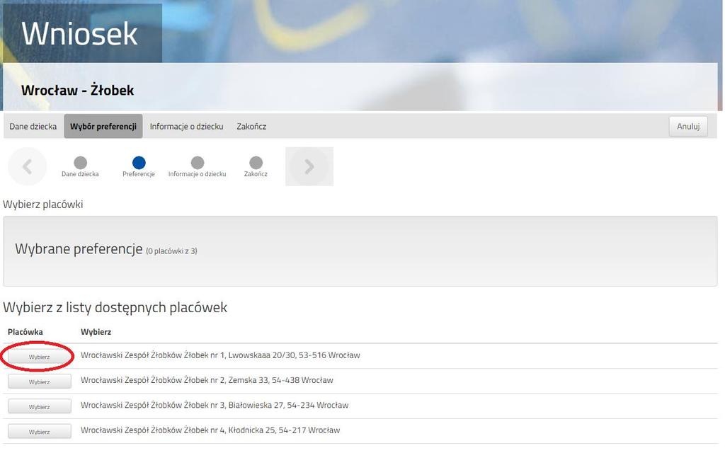 Aby wybrać placówkę należy nacisnąć przycisk Wybierz. Wybraną omyłkowo preferencję można usunąć korzystając z symbolu.