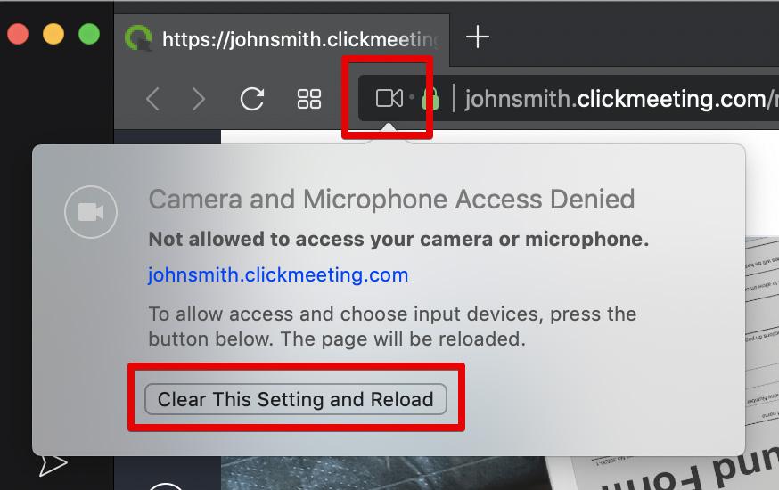 Jeśli dostęp jest odrzucony, kliknij ikonkę kamery umiejscowioną w pasku adresowym przeglądarki, a następnie Wyczyść ustawienia i ponownie załaduj: Inne przeglądarki Żadne dodatkowe ustawienia