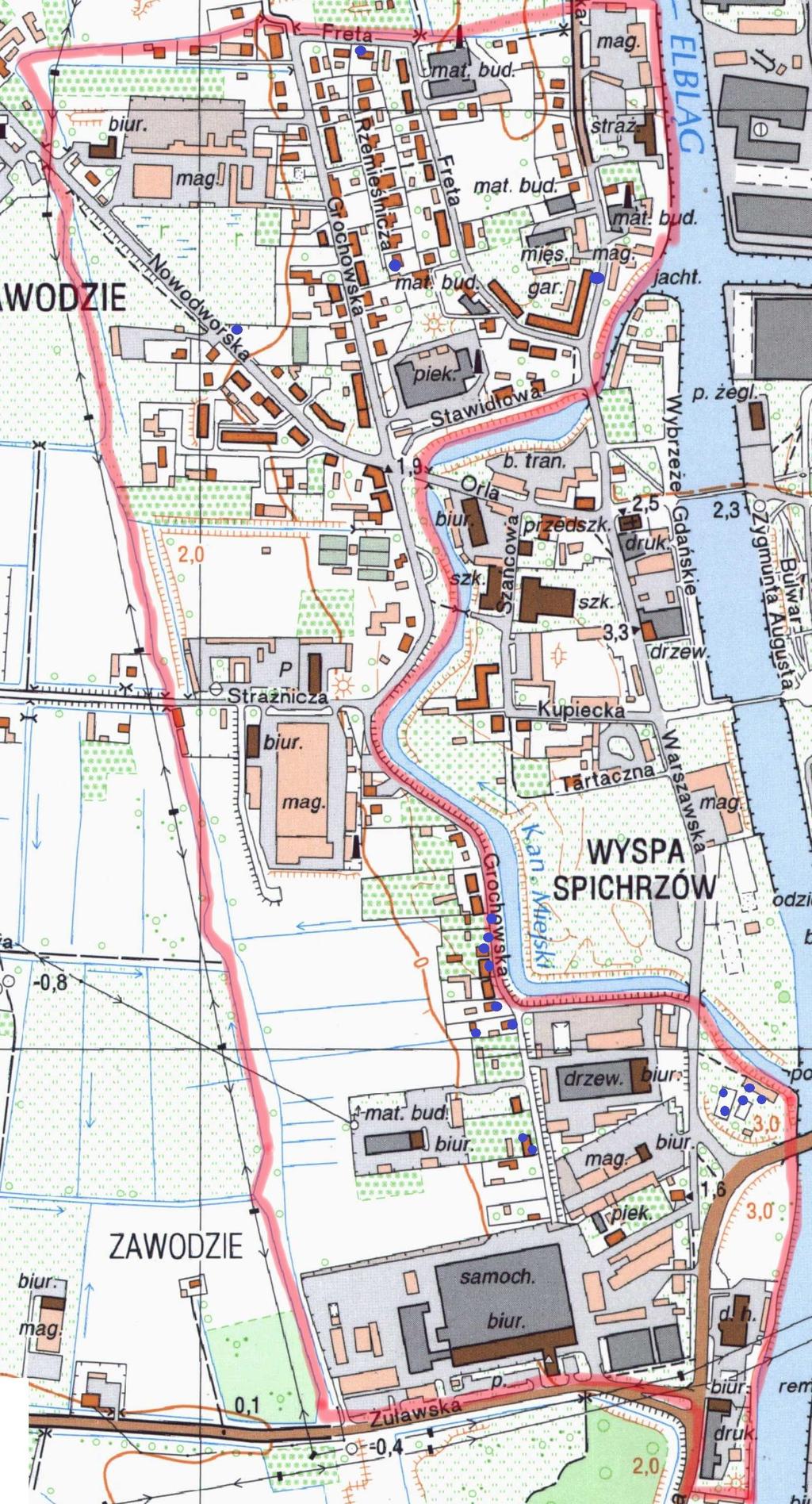 Mapa obszaru z zaznaczonymi miejcami