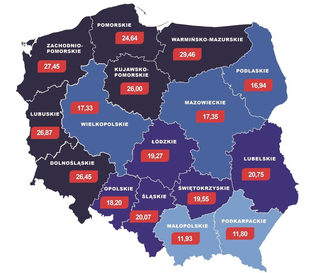 Regiony wstydu Na każde 1 000 pełnoletnich mężczyzn, 20 to dłużnicy alimentacyjni. Średnio każdy z nich ma do oddania 35 447 złotych. Najczęściej nie płacą panowie w wieku 36-45 lat.