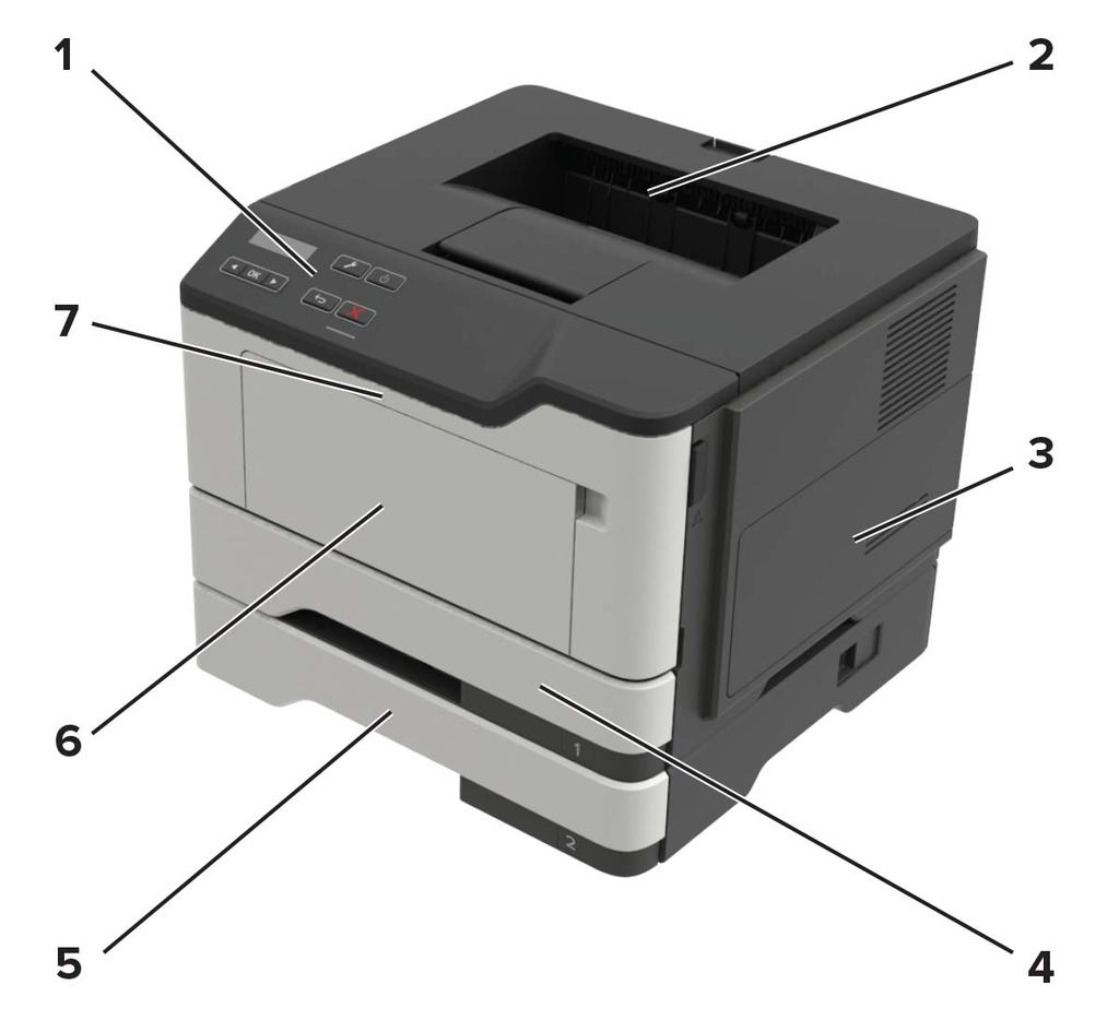 Informacje na temat drukarki 11 Wyposażenie drukarki UWAGA NIEBEZPIECZEŃSTWO PRZEWRÓCENIA: Instalacja jednej opcji lub większej ich liczby w drukarce lub urządzeniu wielofunkcyjnym może wymagać