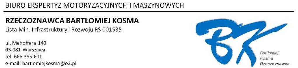 Opinia numer: z dnia: 2016/09/04 Wykonawca opinii : mgr inż. Bartłomiej Kosma Zleceniodawca: SG Equipment Leasing Polska Sp. z o.o. Adres: ul.