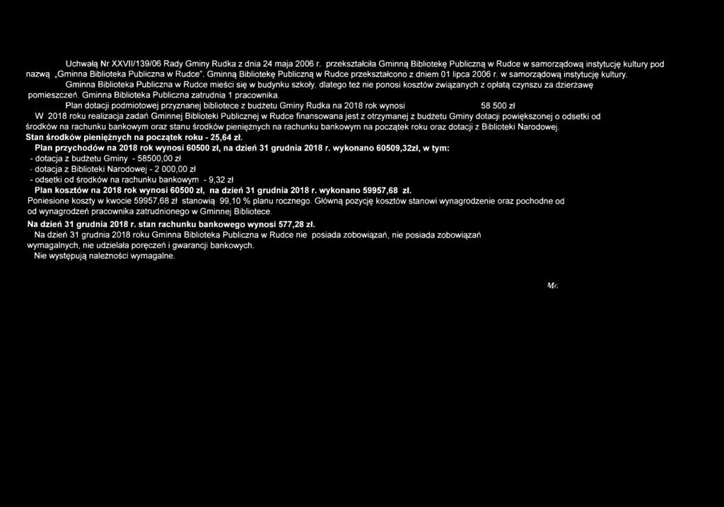 Gminna Biblioteka Publiczna w Rudce mieści się w budynku szkoły, dlatego też nie ponosi kosztów związanych z opłatą czynszu za dzierżawę pomieszczeń.