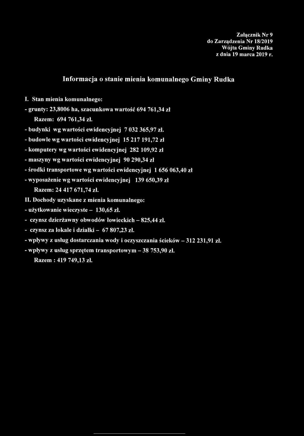 - budowle wg wartości ewidencyjnej 15 217 191,72 zł - komputery wg wartości ewidencyjnej 282 109,92 zł - maszyny wg wartości ewidencyjnej 90 290,34 zł - środki transportowe wg wartości ewidencyjnej 1