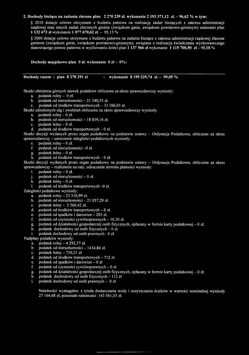 2. Dochody bieżące na zadania zlecone plan 2 270 239 zł. wykonanie 2 193 371,12 zl.