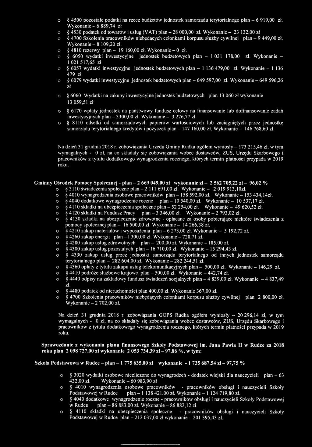 o 6050 wydatki inwestycyjne jednostek budżetowych plan - 1 031 178,00 zł. Wykonanie - 1 021 517,65 zł o 6057 wydatki inwestycyjne jednostek budżetowych plan - 1 136 479,00 zł.