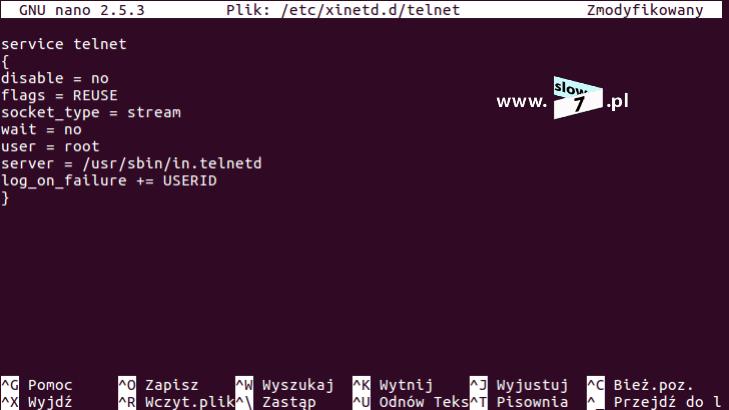 3 (Pobrane z slow7.pl) service telnet { disable = no flags = REUSE socket_type = stream wait = no user = root server = /usr/sbin/in.