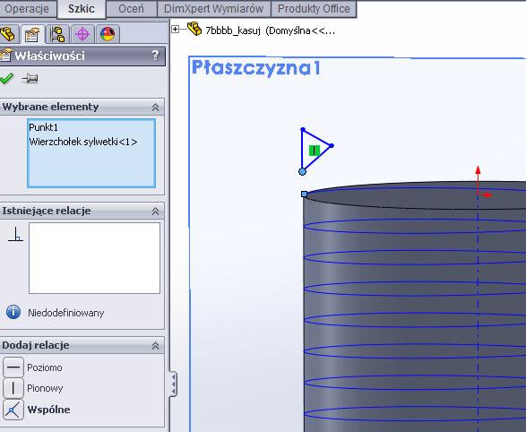 Etap 2 narysowanie profilu na Płaszczyźnie1 Utwórzmy szkic na Płaszczyźnie1 i narysujmy zamknięty, trójkątny profil, którego jeden narożnik leży w punkcie początkowym linii śrubowej (punkt 1). Uwaga!